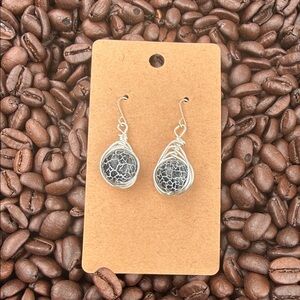 Handcrafted Black Crackle Glass Teardrop Wire-Wrapped Earrings